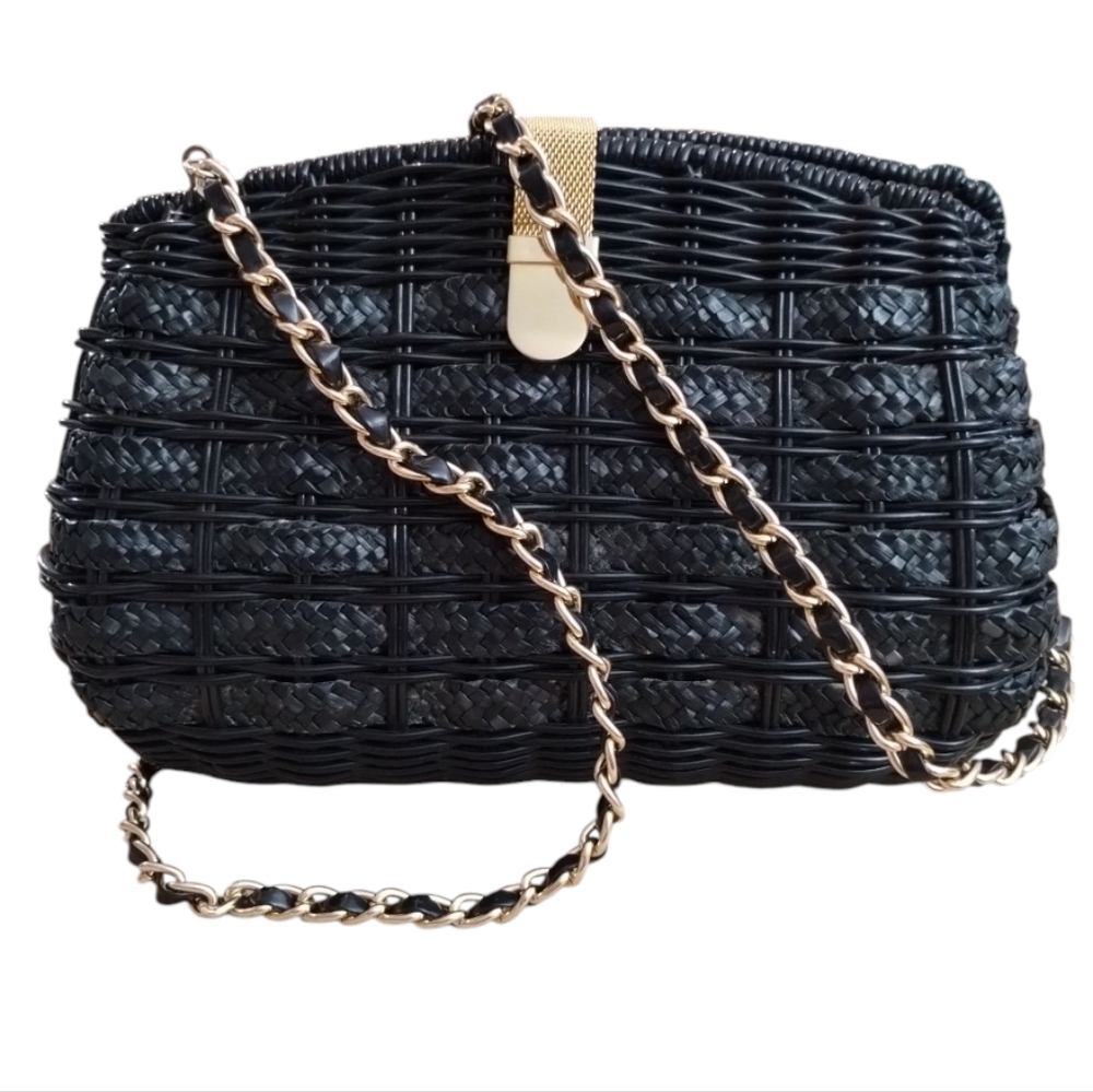 Heiress Vintage Black Woven Glazed Wicker Crossbody Bag with Gold & Black Chain